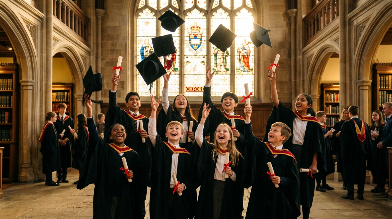 Proud young scholars celebrating their graduation in black academic robes