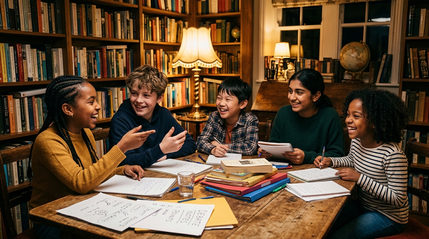 Children happily learning and laughing around a wooden table in a British study house