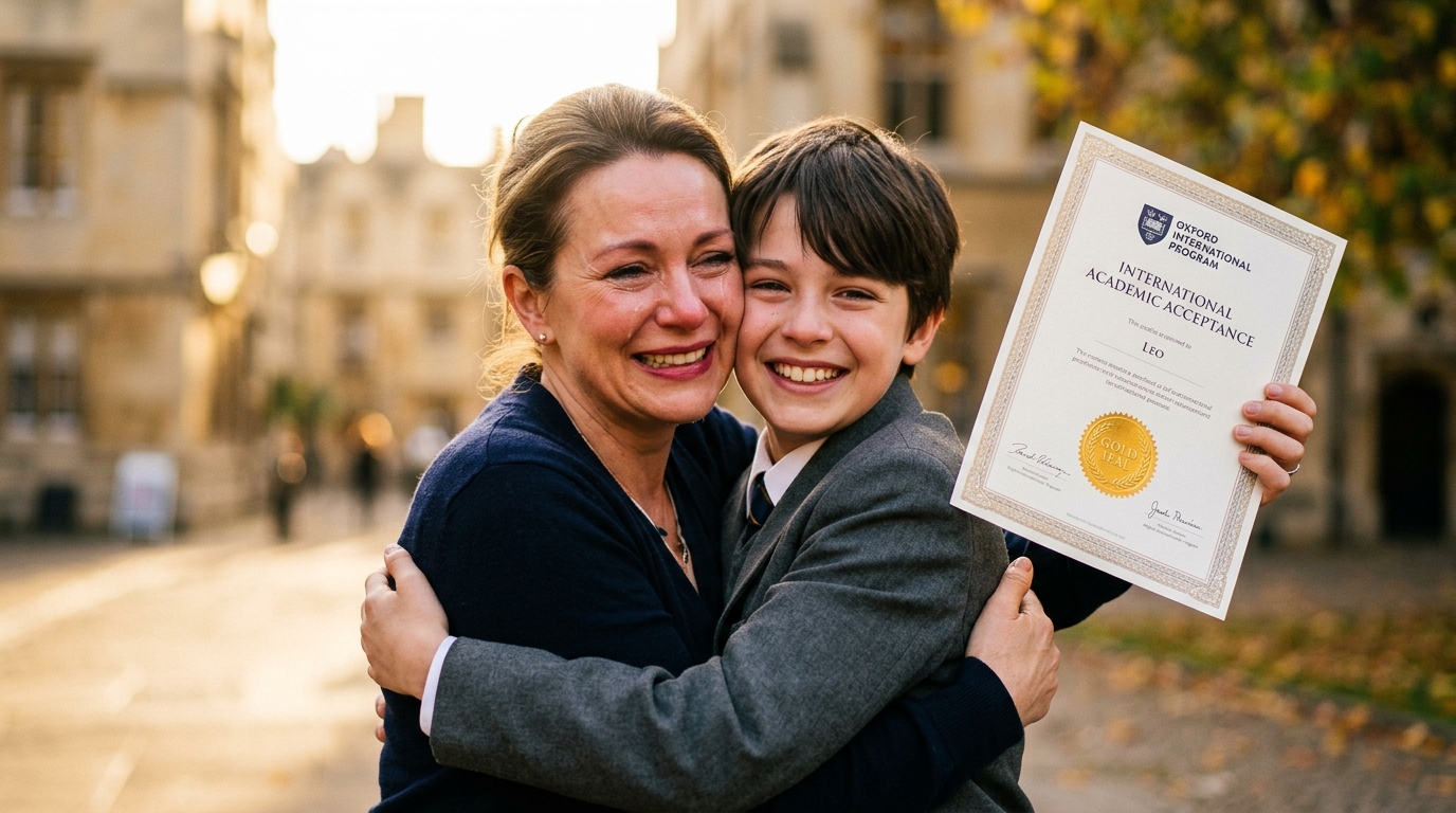 Mother tearfully hugging her child holding an international academic acceptance certificate